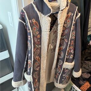 Johnny Was Navy and Cream Embroidered Teddy Jacket